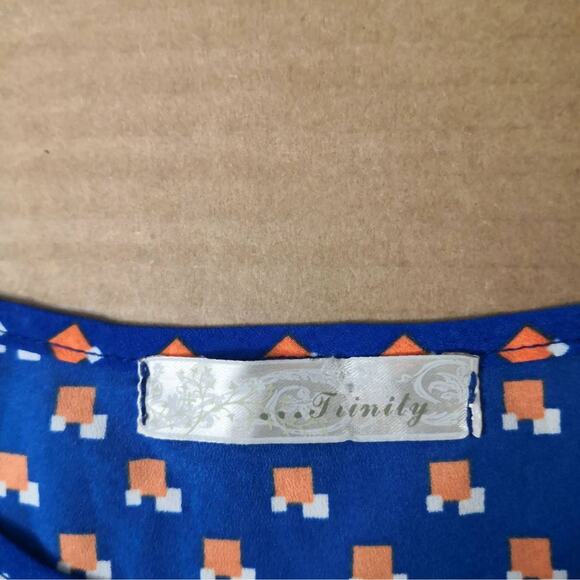 Trinity Orange/Blue Print High Low Midi Dress S Trad Wife Fairycore Minimalist - Picture 7 of 7